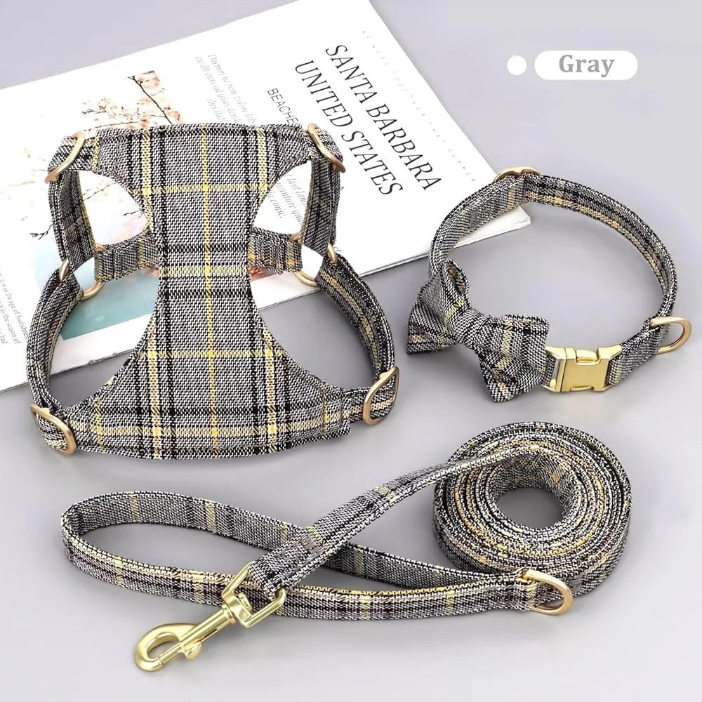 Cute Adjustable Plaid Dog Harness Set with Collar and Leash