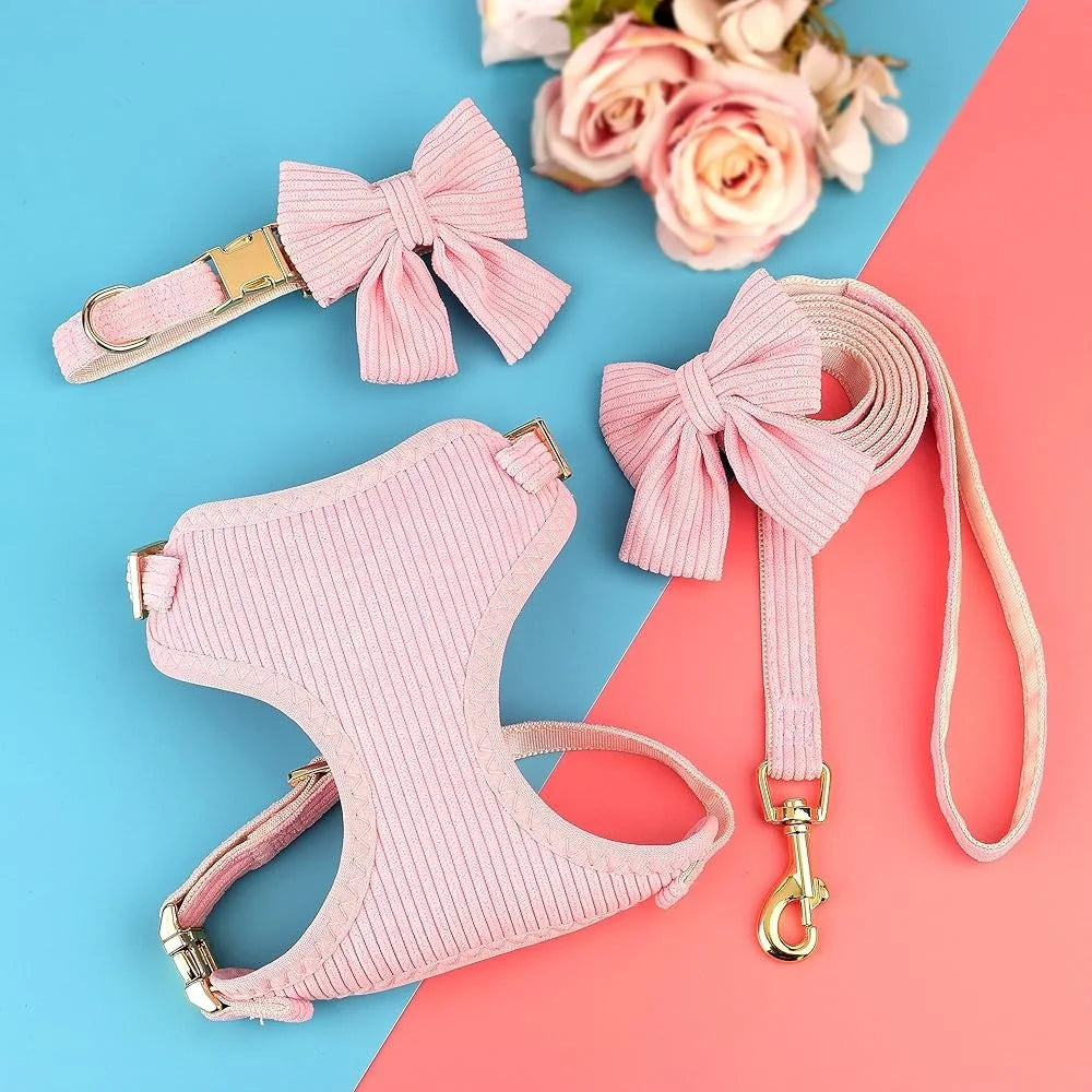 Cute Adjustable Dog Harness and Leash Set with Bowtie