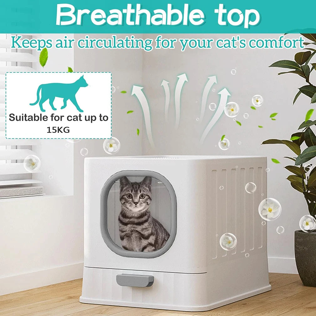 Feature Leakproof Enclosed Cat Litter Box With Drawer Scoop