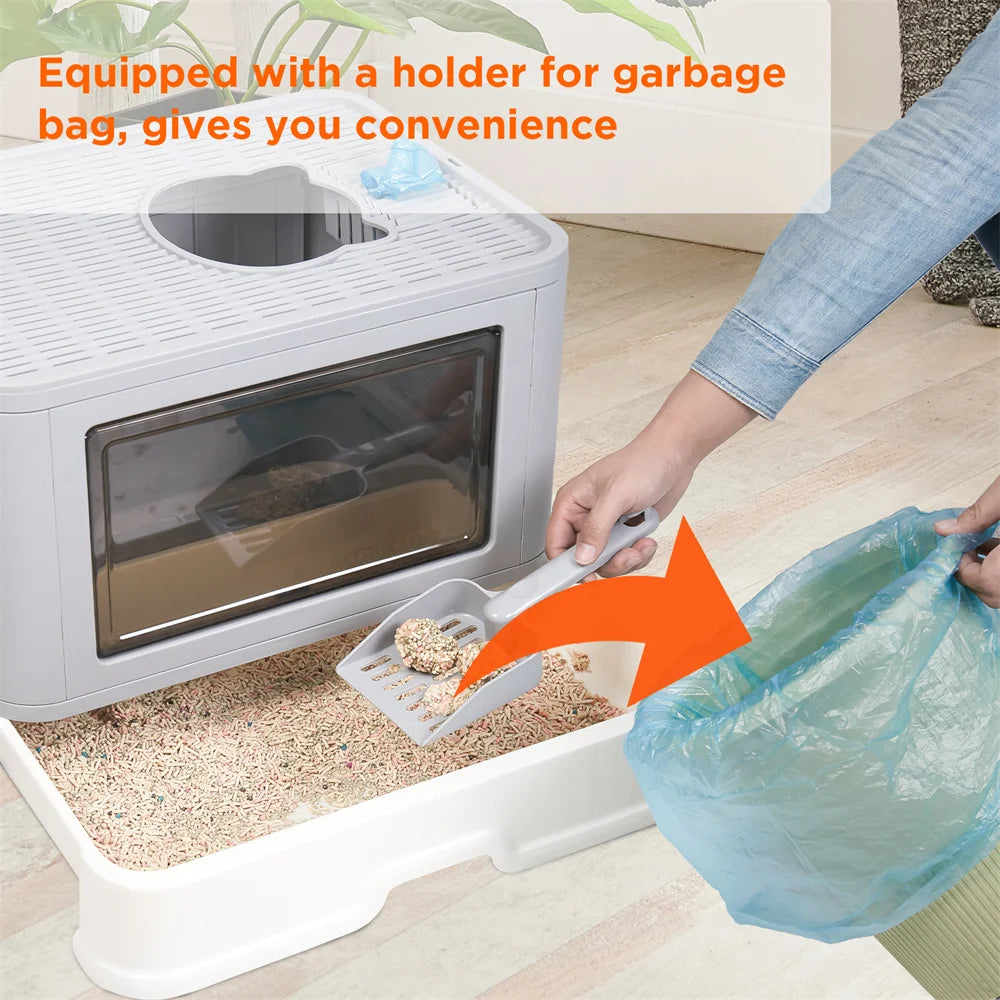 Large Hooded Cat Litter Box with Drawer and Grooming Scoop