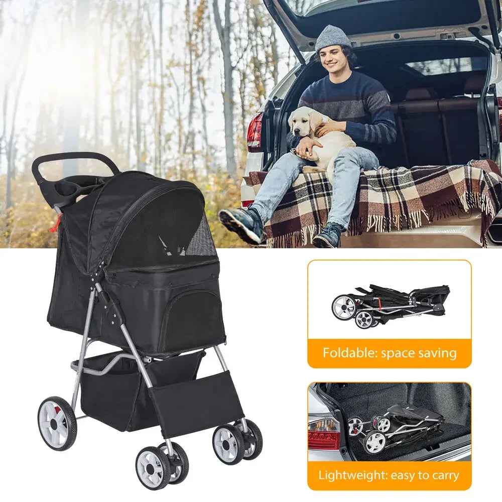 Dog Stroller Pet Travel Carriage Safe Foldable 4 Wheeler