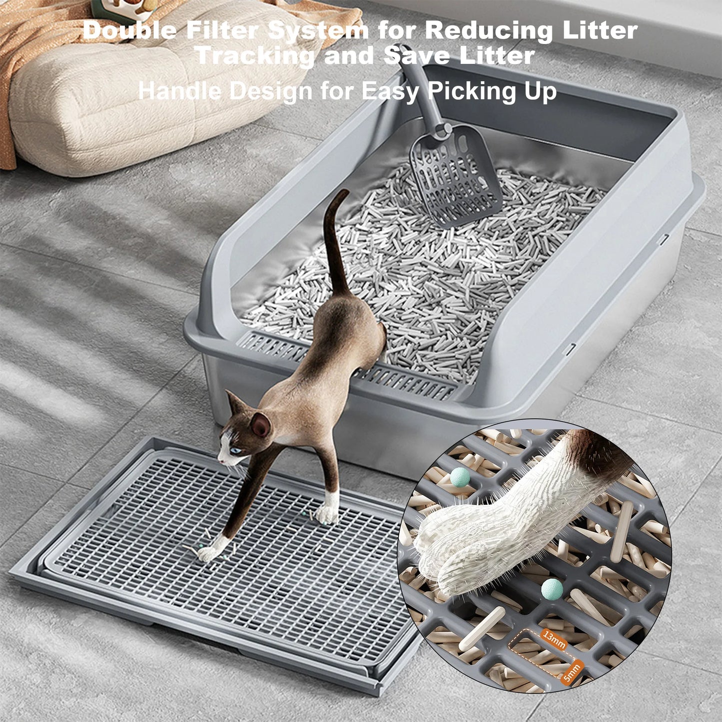 Stainless Steel High Sided Cat Litter Box with Mat and Scoop