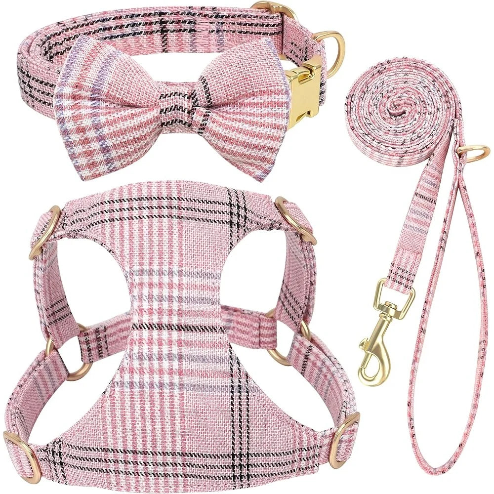Cute Adjustable Plaid Dog Harness Collar Leash Set for XS Pets