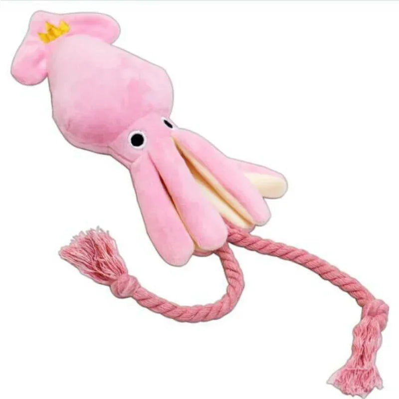 Cute Squid Puppy Chew Toy for Dogs with Squeak and Rope