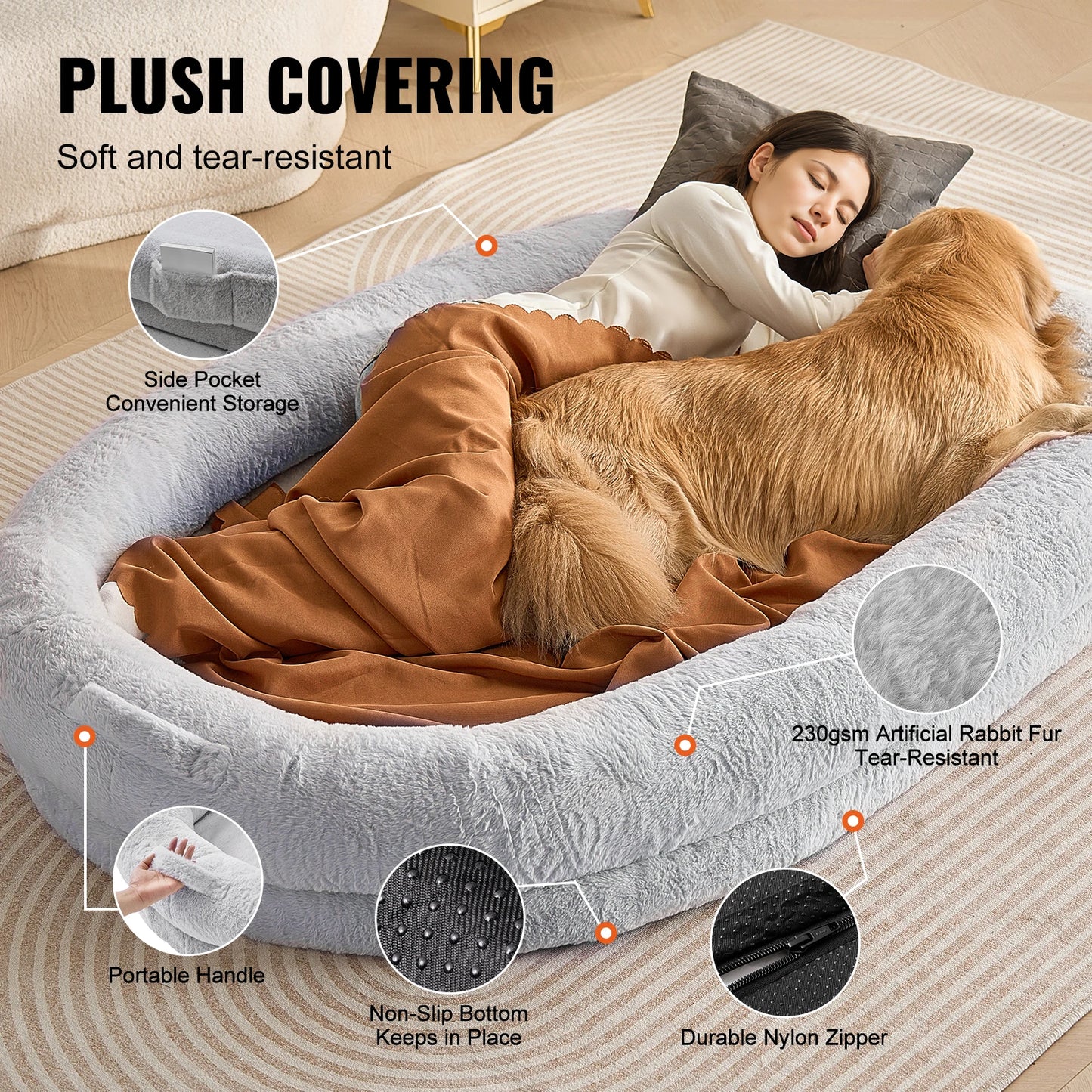 VEVOR Large Human Dog Bed with Washable Faux Rabbit Fur Cover