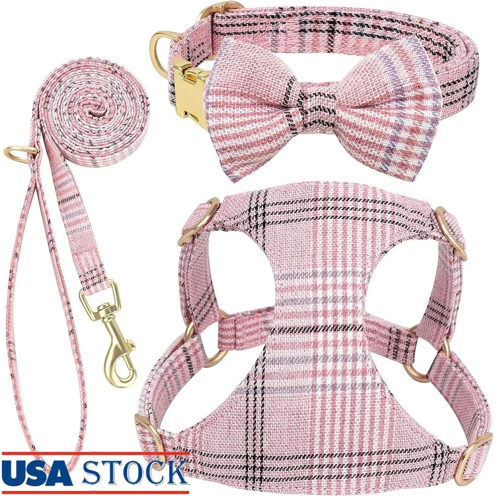Cute Adjustable Plaid Dog Harness Collar Leash Set for XS Pets