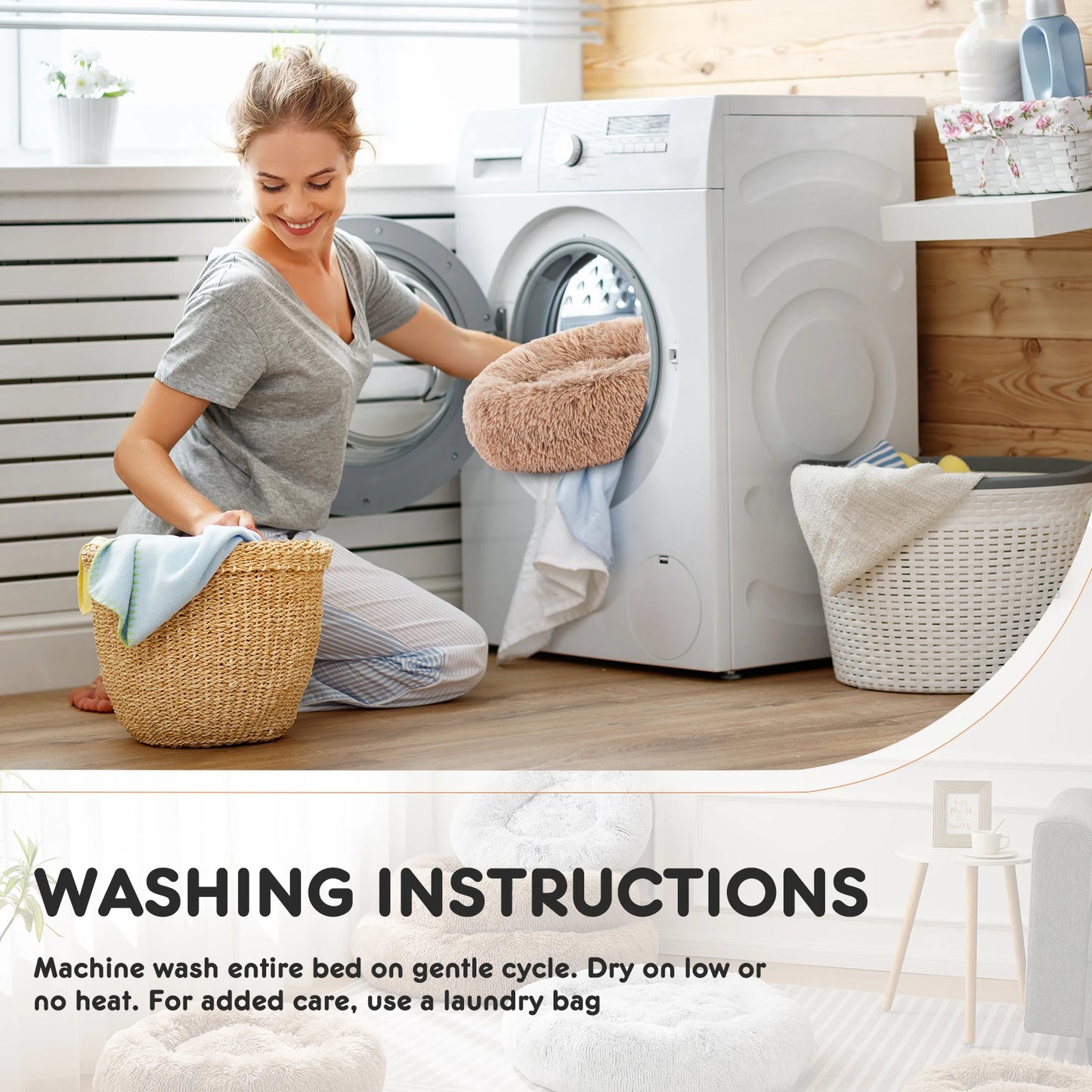 JHK Calming Dog Bed Plush Faux Fur Round Anti Slip