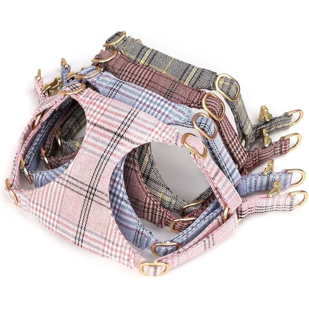 Cute Adjustable Plaid Dog Harness Collar Leash Set for XS Pets