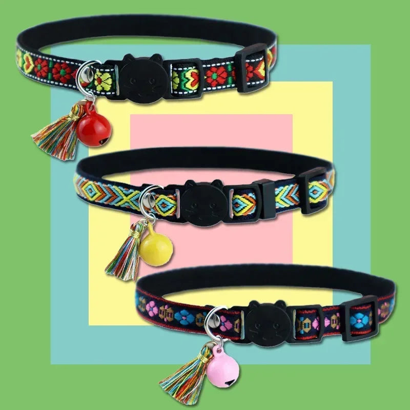 Adjustable Cat Collar with Colorful Plaid Pattern and Bells