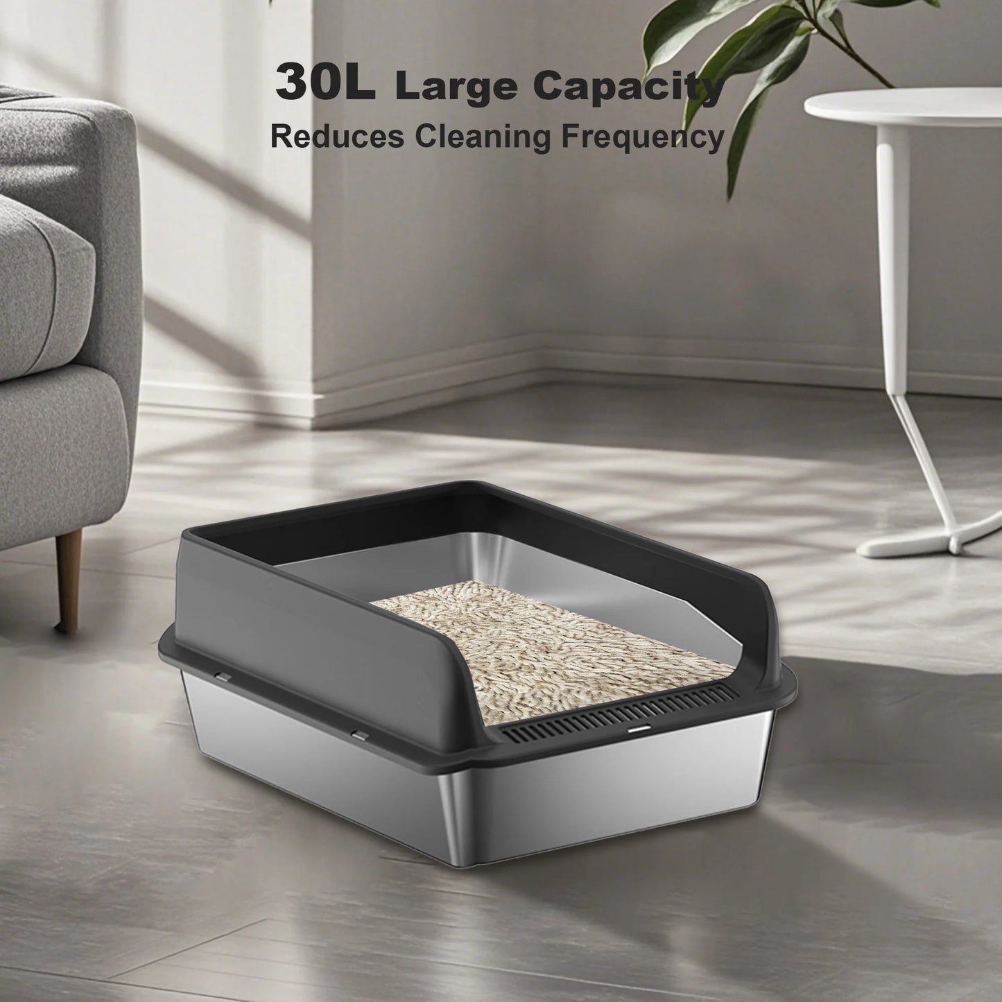 Stainless Steel High Sided Cat Litter Box with Mat and Scoop