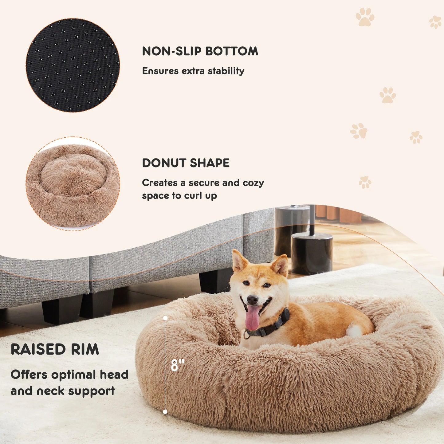 JHK Calming Dog Bed Plush Faux Fur Round Anti Slip