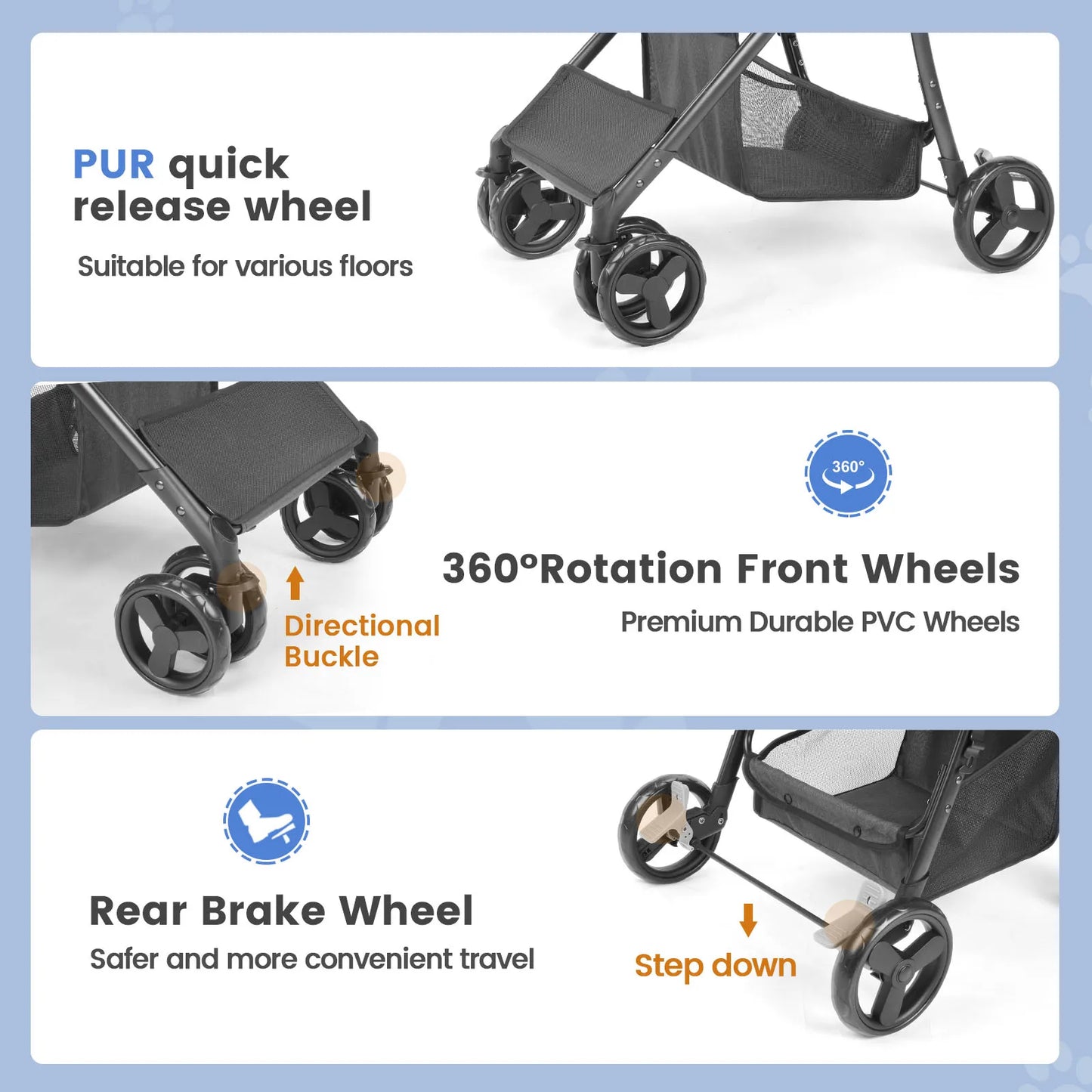 Wedyvko Pet Stroller with 360 Rotate Wheels for Small Dogs