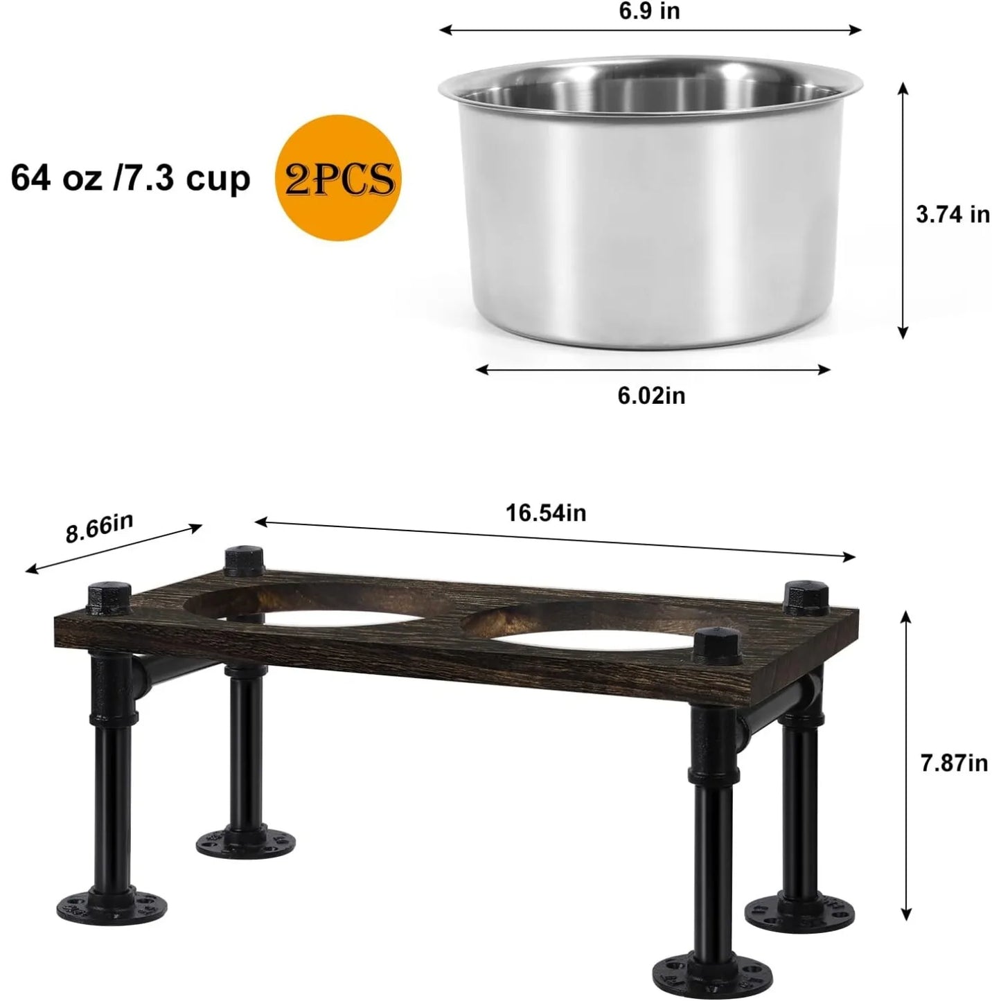 Raised Dog Bowl Stand with Stainless Bowls and Waterproof Base