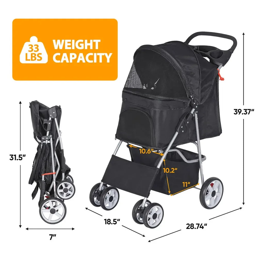 Dog Stroller Pet Travel Carriage Safe Foldable 4 Wheeler