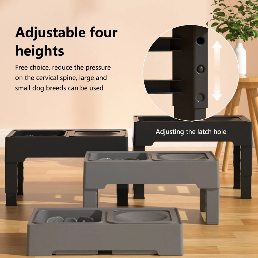 Elevated Dog Food Slow Feeder with Adjustable Heights and Bowls