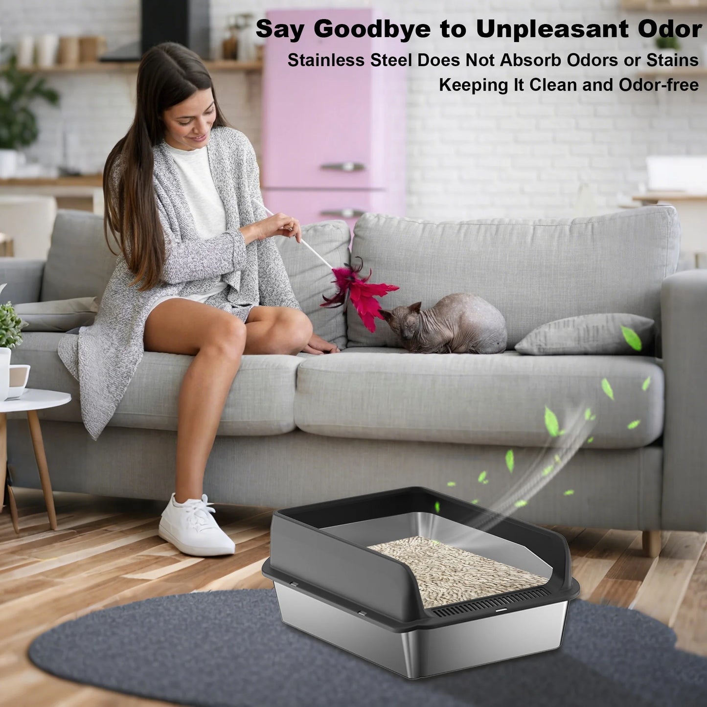 Stainless Steel High Sided Cat Litter Box with Mat and Scoop