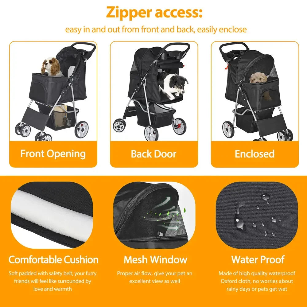 Dog Stroller Pet Travel Carriage Safe Foldable 4 Wheeler