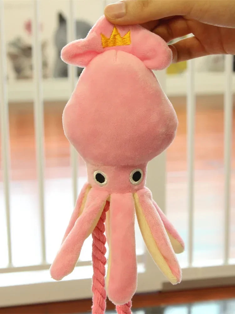 Cute Squid Puppy Chew Toy for Dogs with Squeak and Rope