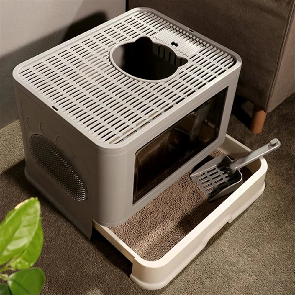 Large Hooded Cat Litter Box with Drawer and Grooming Scoop
