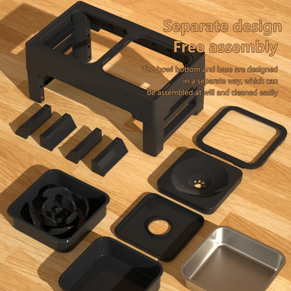Elevated Dog Food Slow Feeder with Adjustable Heights and Bowls