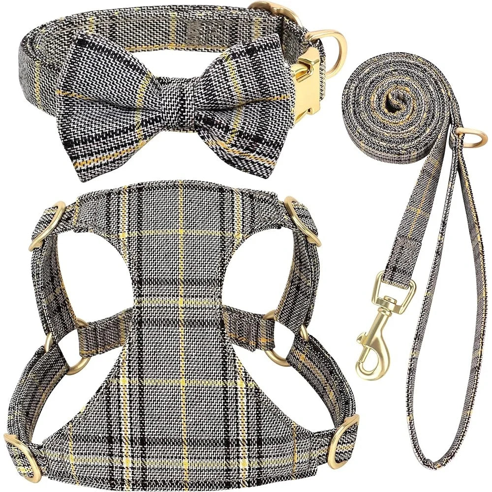 Cute Adjustable Plaid Dog Harness Set with Collar and Leash