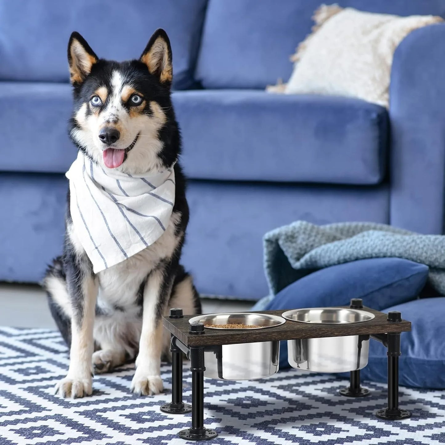 Raised Dog Bowl Stand with Stainless Bowls and Waterproof Base
