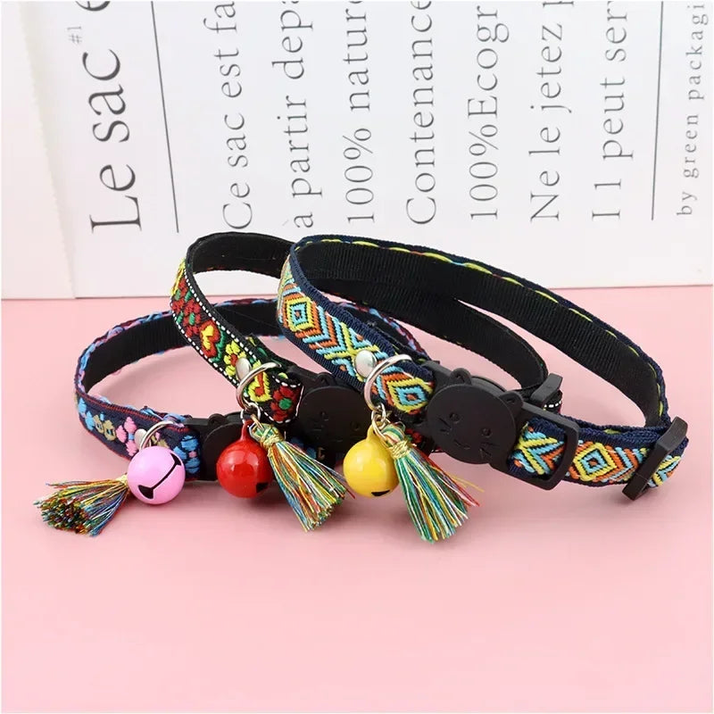 Adjustable Cat Collar with Colorful Plaid Pattern and Bells