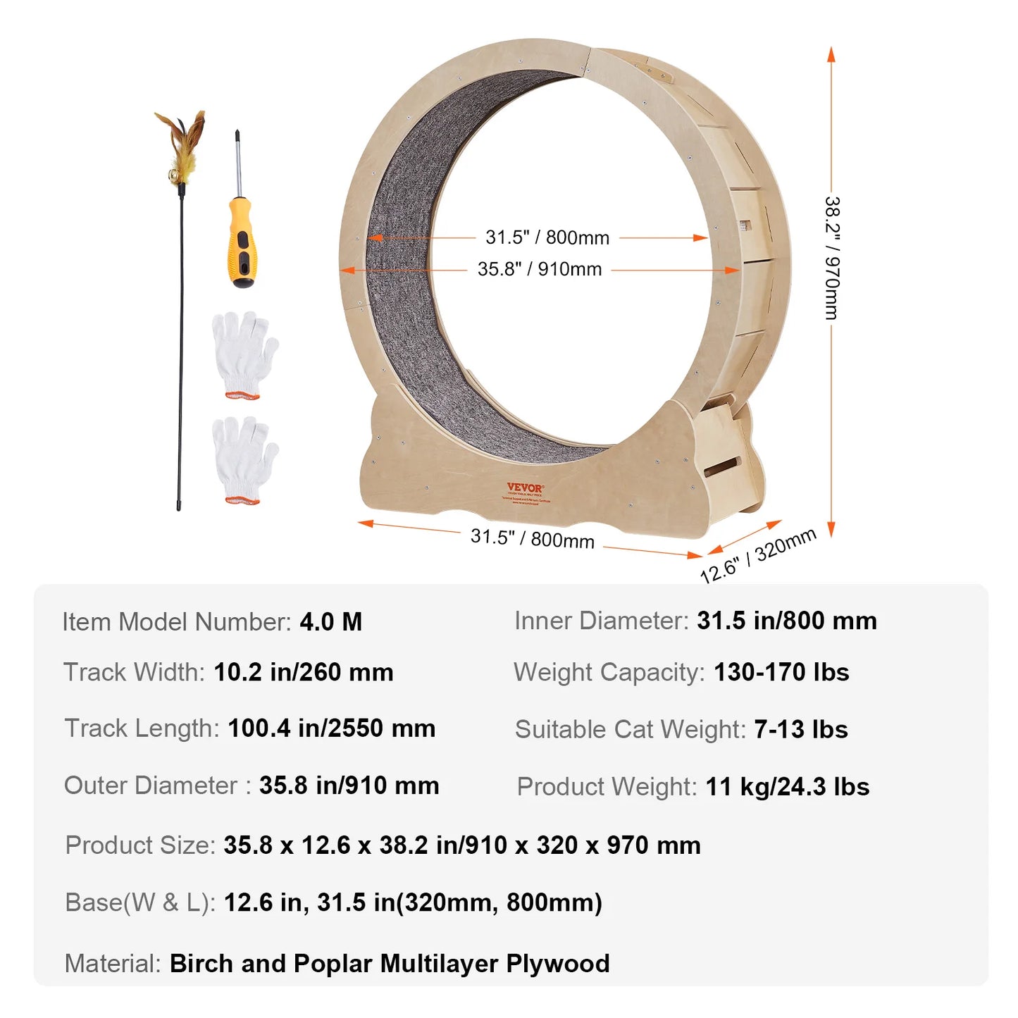 VEVOR Cat Exercise Wheel Natural Wood Silent Running Treadmill