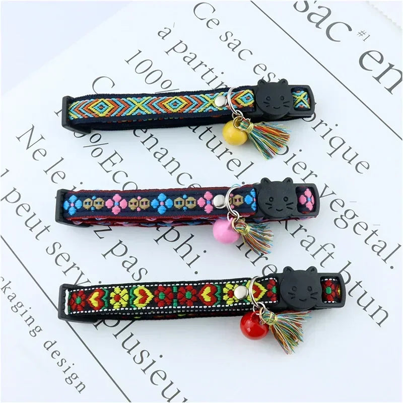 Adjustable Cat Collar with Colorful Plaid Pattern and Bells
