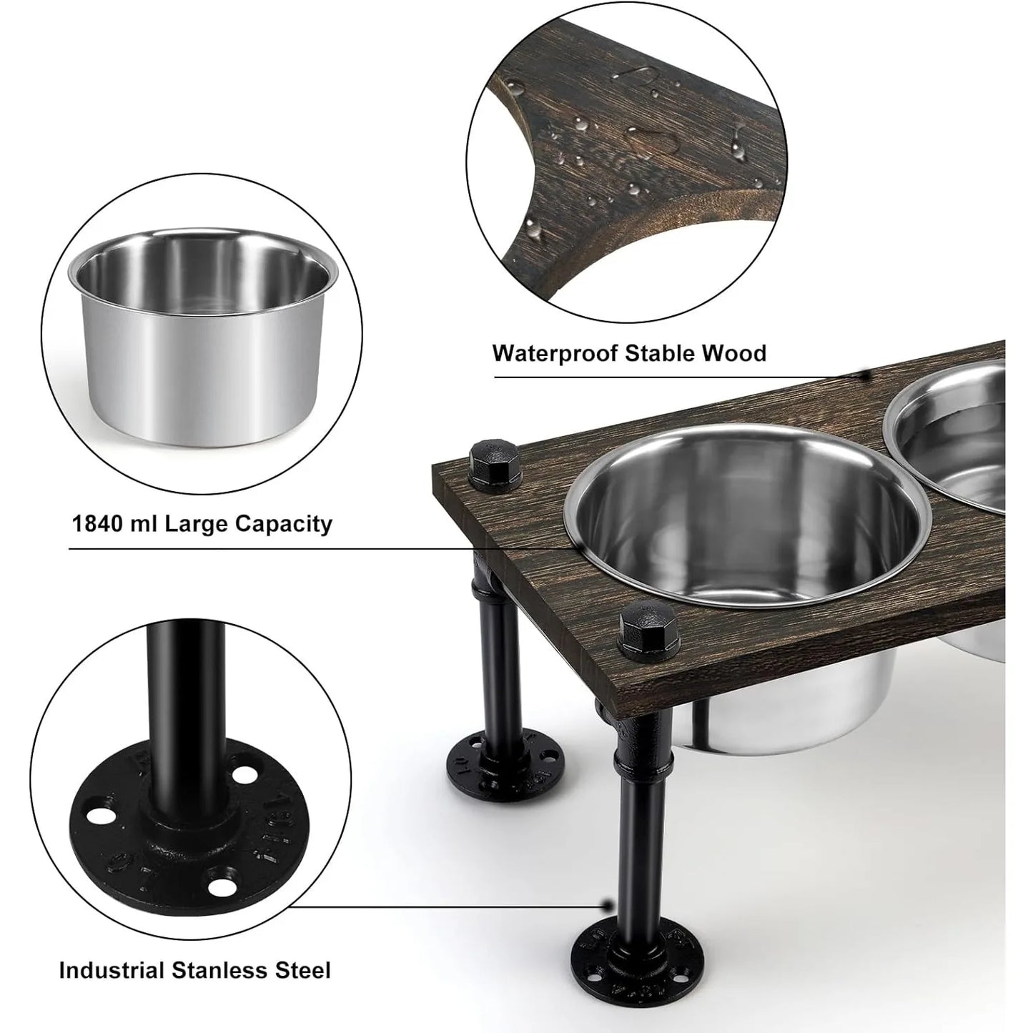 Raised Dog Bowl Stand with Stainless Bowls and Waterproof Base