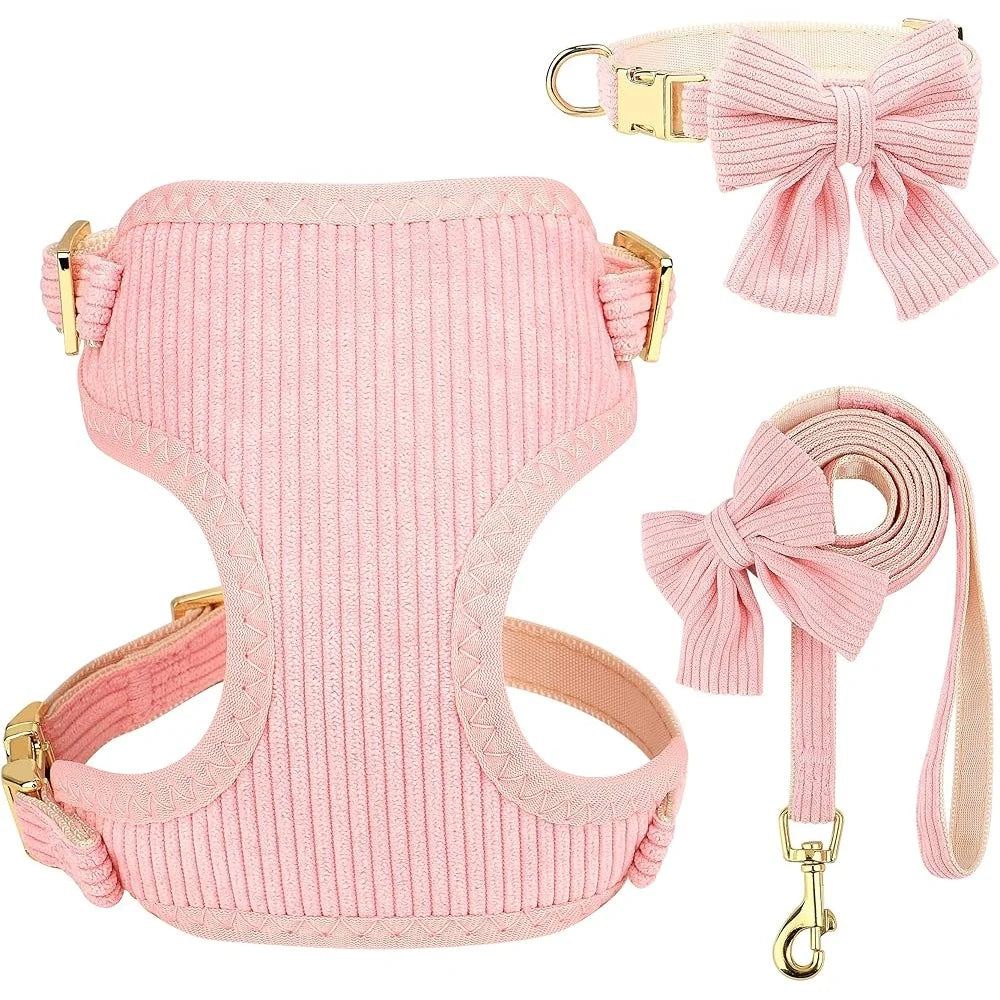 Cute Adjustable Dog Harness and Leash Set with Bowtie