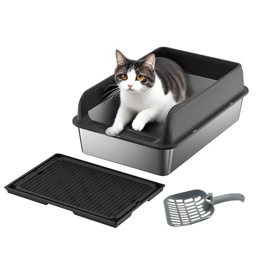 Stainless Steel High Sided Cat Litter Box with Mat and Scoop