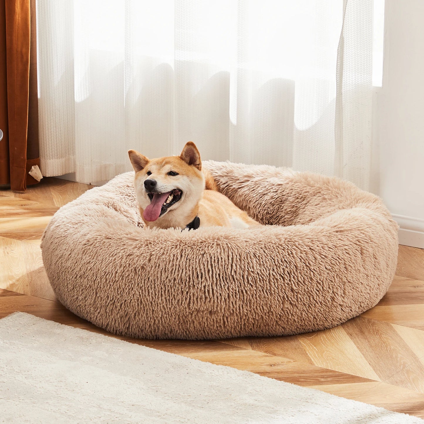 JHK Calming Dog Bed Plush Faux Fur Round Anti Slip