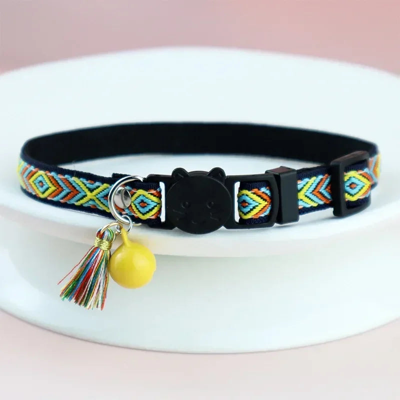 Adjustable Cat Collar with Colorful Plaid Pattern and Bells