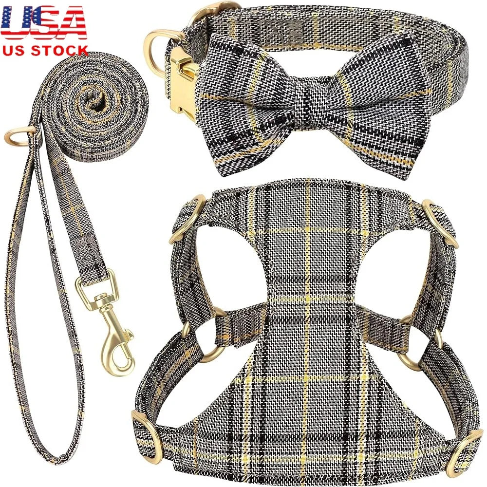 Cute Adjustable Plaid Dog Harness Set with Collar and Leash