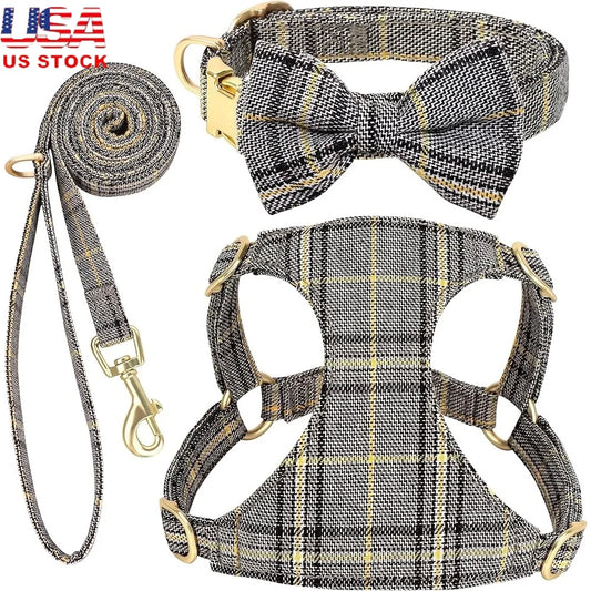 Cute Adjustable Plaid Dog Harness Set with Collar and Leash