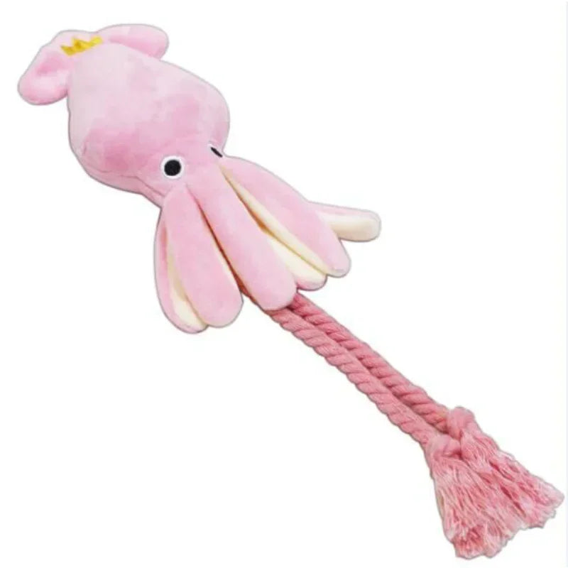 Cute Squid Puppy Chew Toy for Dogs with Squeak and Rope