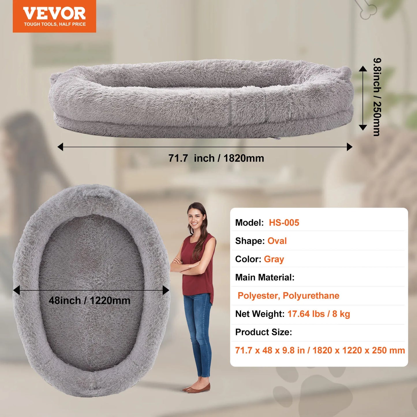 VEVOR Large Human Dog Bed with Washable Faux Rabbit Fur Cover