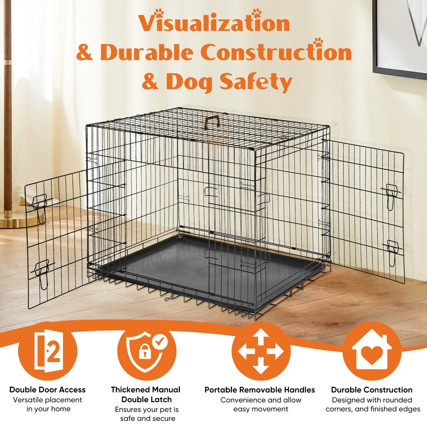 JHK Extra Large Double Door Folding Metal Dog Cage with Tray