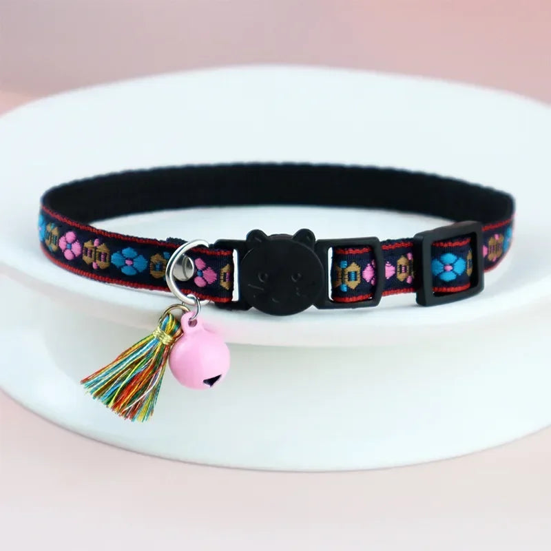 Adjustable Cat Collar with Colorful Plaid Pattern and Bells
