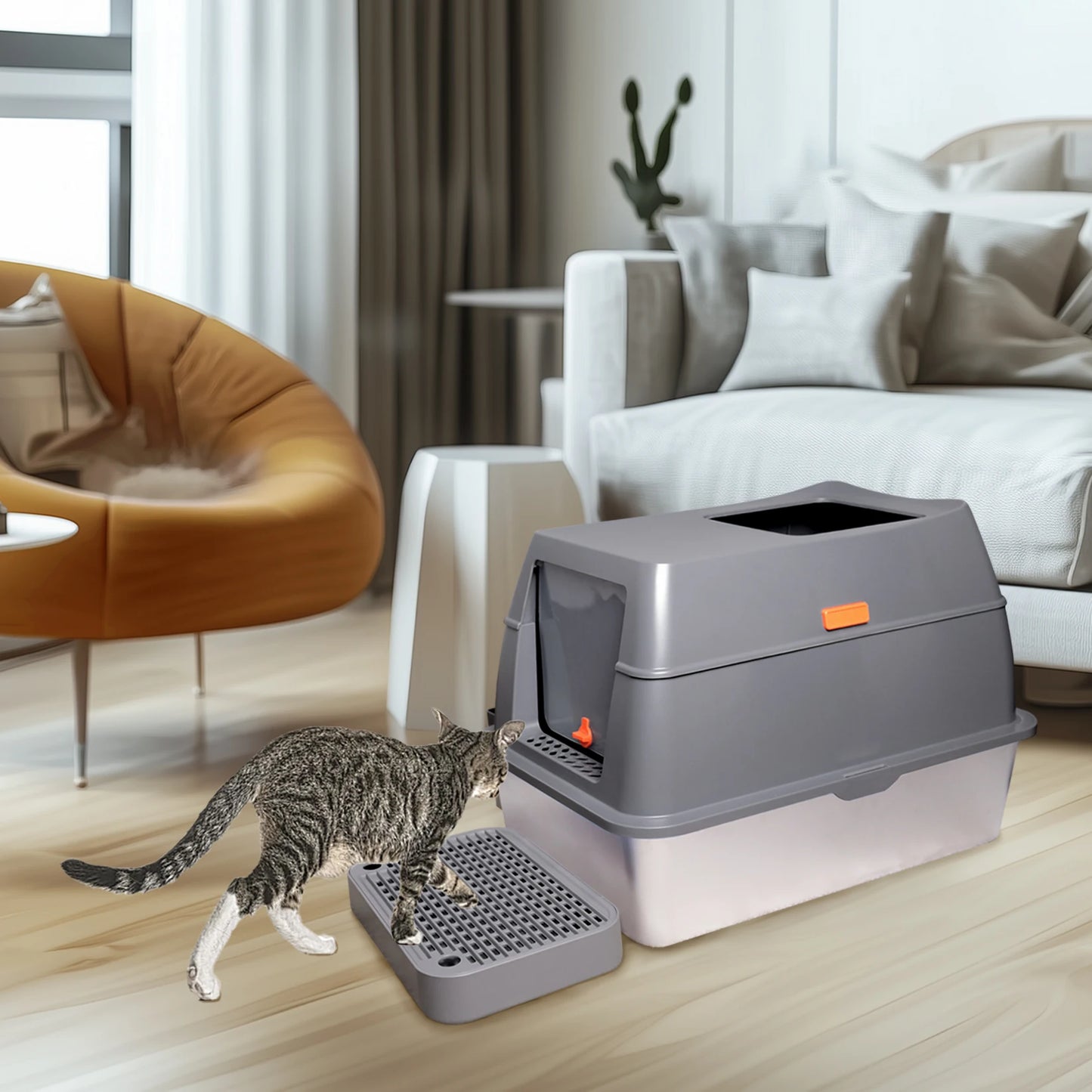 Bingopaw Cat Litter Box with Lid Enclosed Top Entry