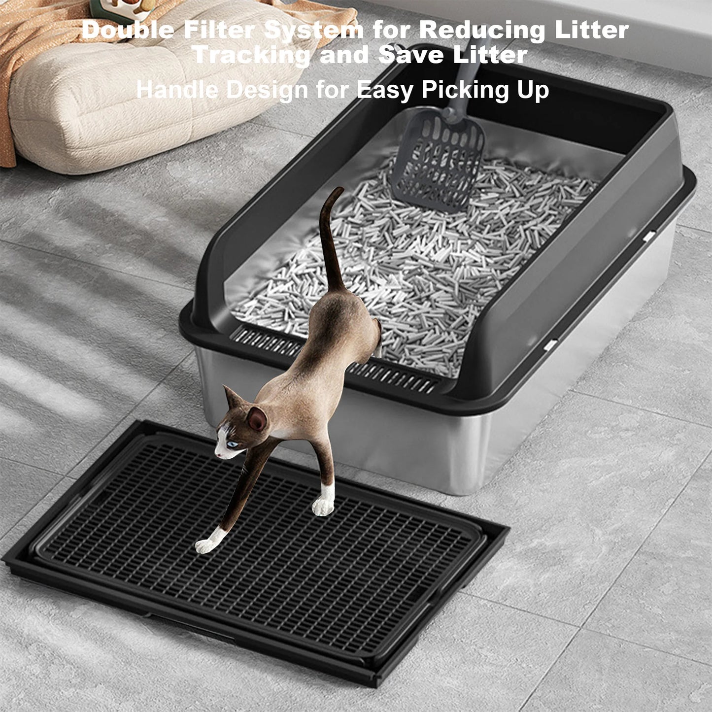 Stainless Steel High Sided Cat Litter Box with Mat and Scoop