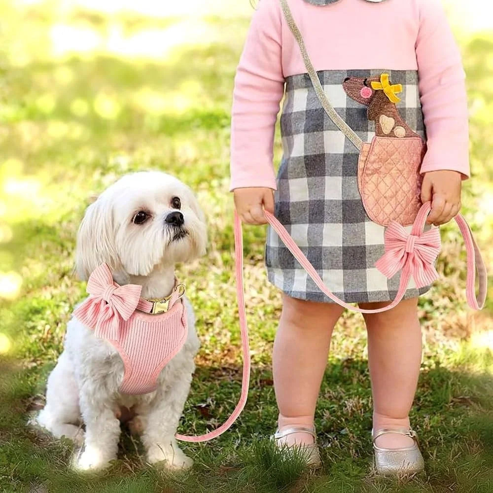 Cute Adjustable Dog Harness and Leash Set with Bowtie