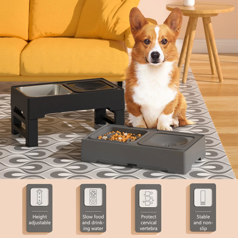 Elevated Dog Food Slow Feeder with Adjustable Heights and Bowls