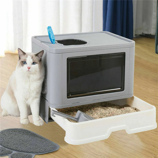 Large Hooded Cat Litter Box with Drawer and Grooming Scoop
