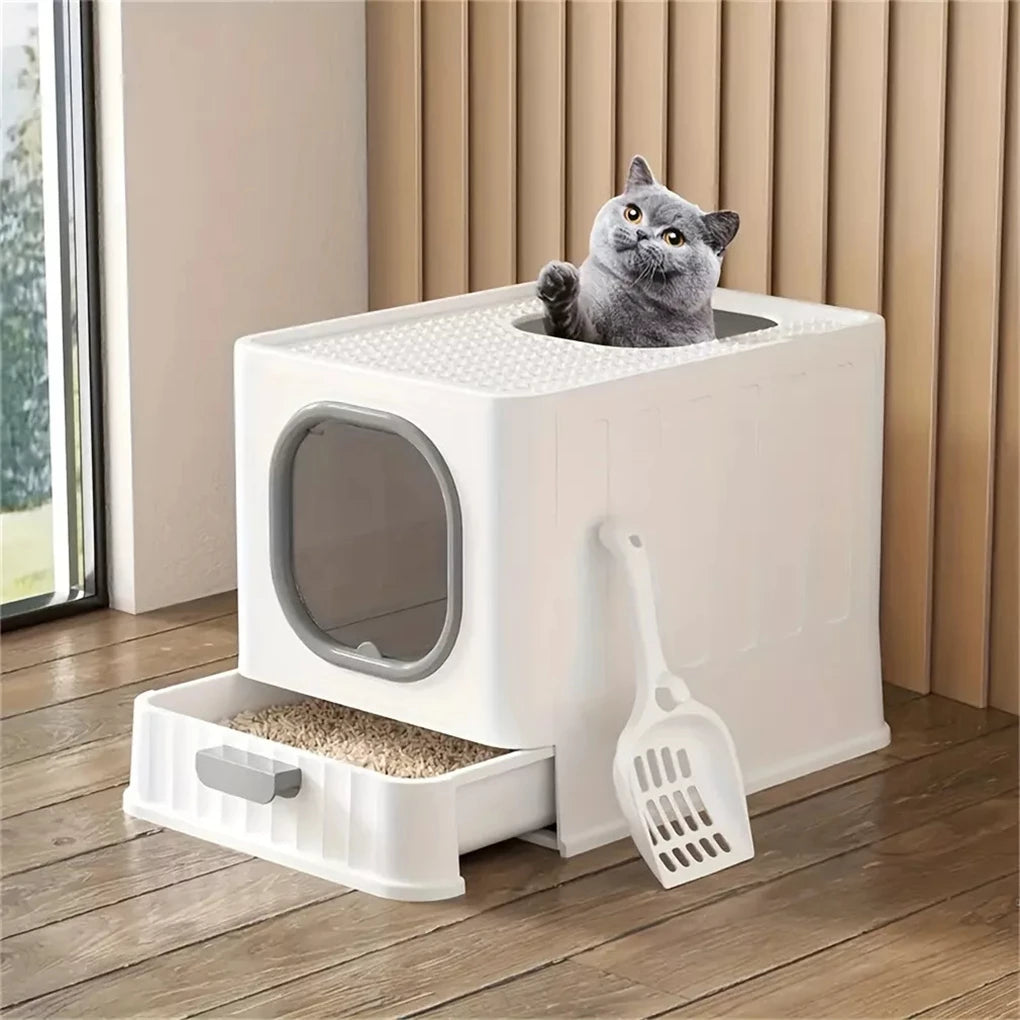 Feature Leakproof Enclosed Cat Litter Box With Drawer Scoop