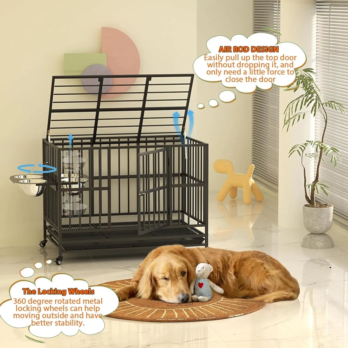 LOVMOR 48 Inch Heavy Duty Dog Crate with Adjustable Bowls