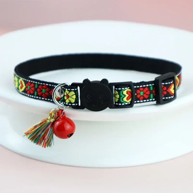 Adjustable Cat Collar with Colorful Plaid Pattern and Bells