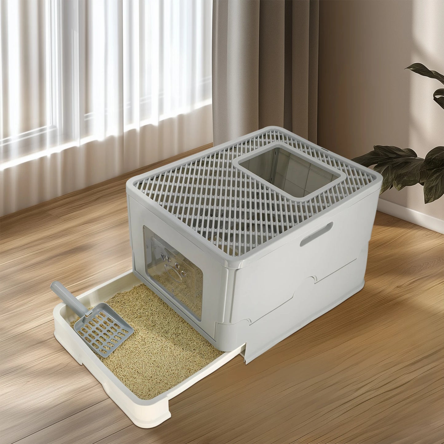Bingopaw Cat Litter Box with Lid Enclosed Top Entry