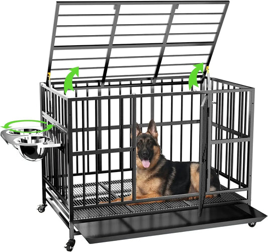 LOVMOR 48 Inch Heavy Duty Dog Crate with Adjustable Bowls